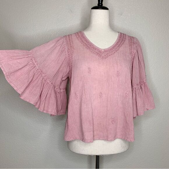 Rachel Zoe Boho Pink Embroidered Flared Sleeves Top - Picture 2 of 12